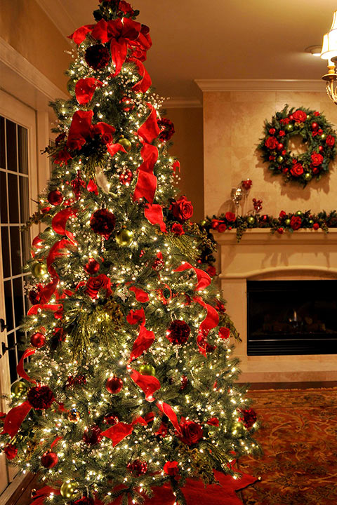 A Christmas tree of St. Nick's style of Red and white i.e the Santa style