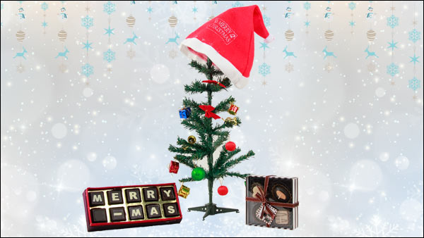 Ornamented Christmas Tree, Santa Cap, A Box of 10 Handmade Chocolates, A Box of 4 Christmas Candles
