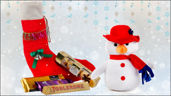 Christmas Stocking, Soft-toy Snowman, Cadbury Temptation, Cabury Silk, Ferrero Rocher, Toblerone Christmas Stocking, Soft-toy Snowman, Cadbury Temptation, Cabury Silk, Ferrero Rocher, Toblerone