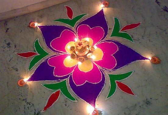 Diwali Rangoli Design with Colours and Diyas Diwali Rangoli Design with Colours and Diyas