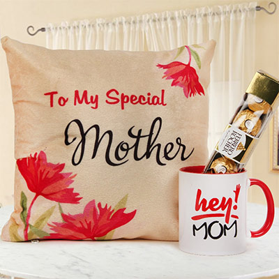 Mom-licious Love - Combo of printed cushion, coffee mug & ferrero rocher as Mother's Day gift